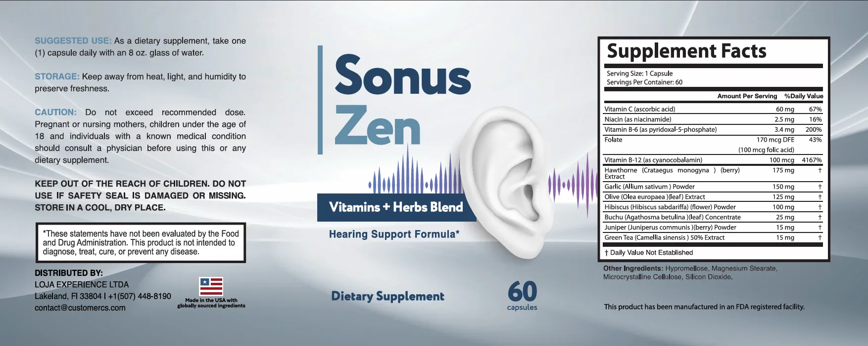 SonusZen Supplement Label